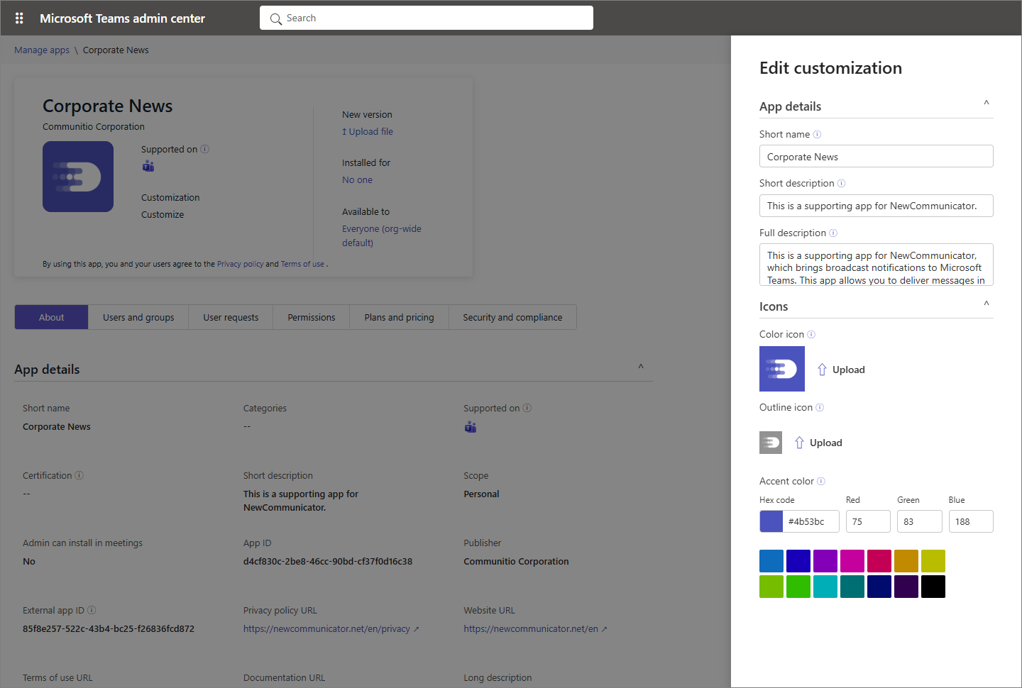 App details in the Teams admin center