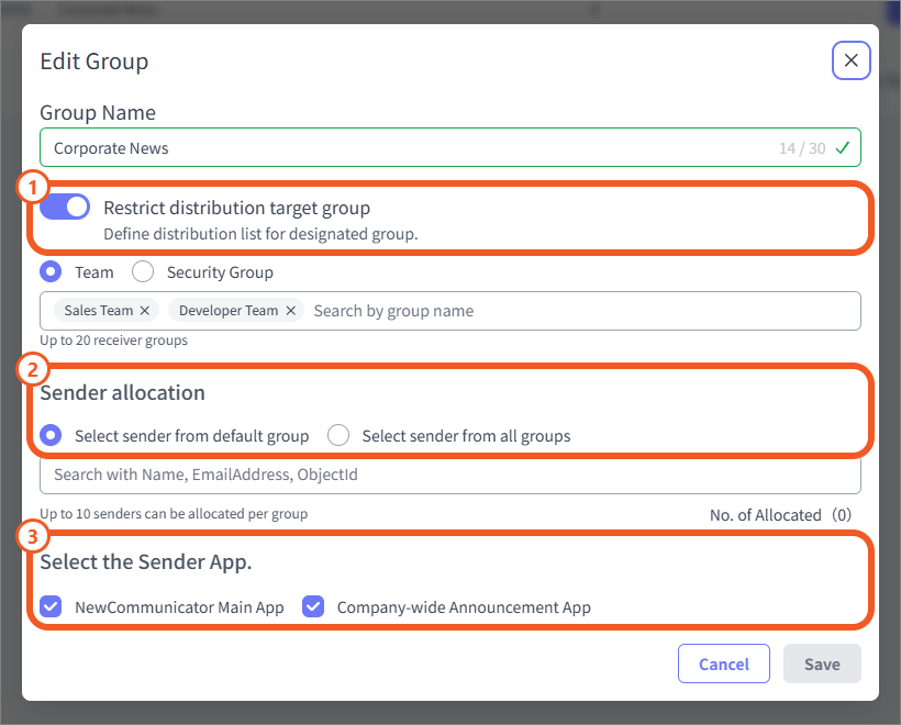Edit sender group settings