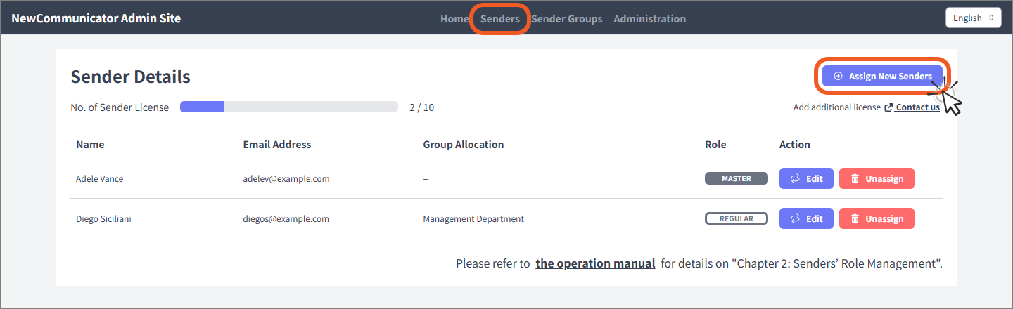 Sender settings page