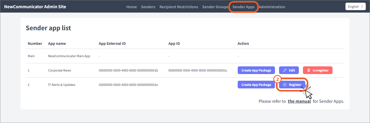 Unregistered sender app list