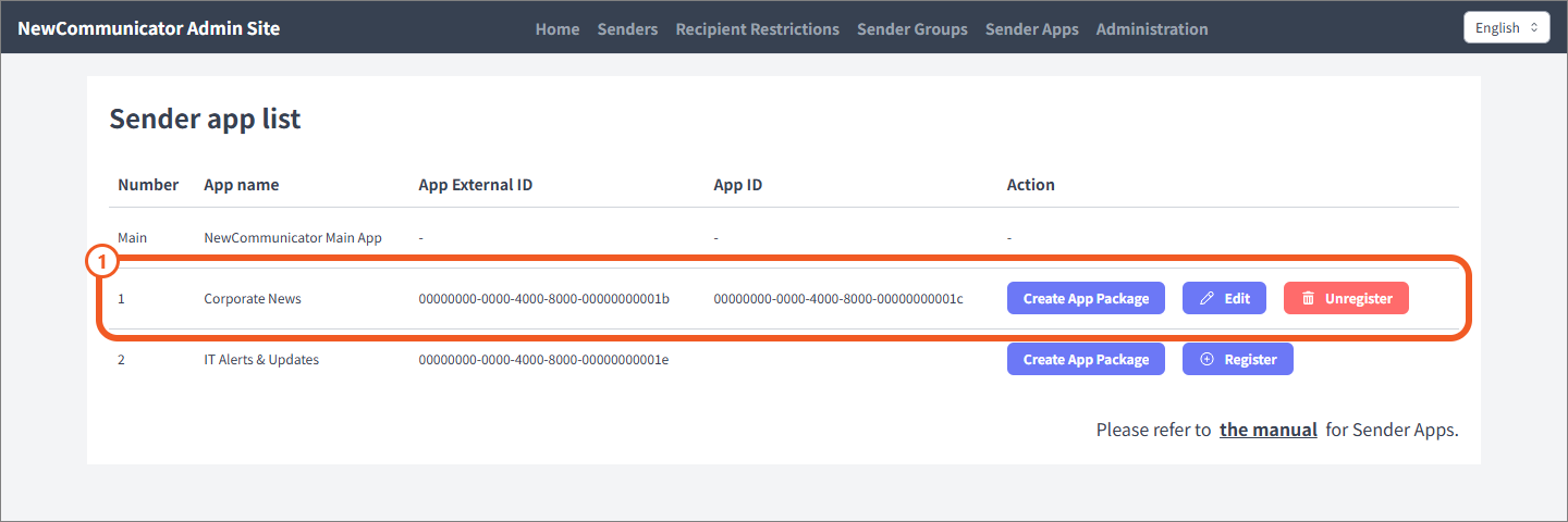 Registered sender app list