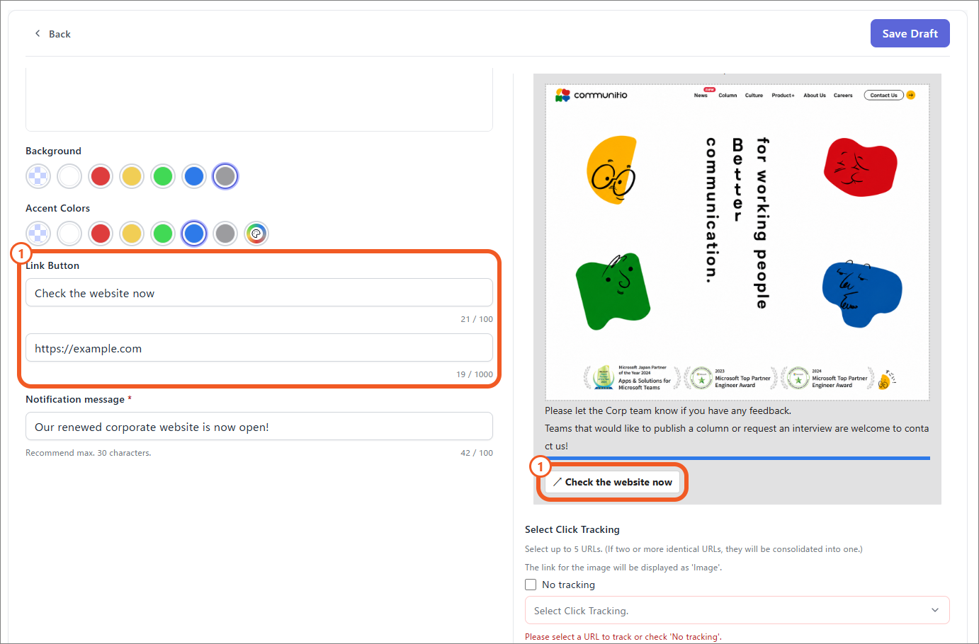 Button links and link tracking settings