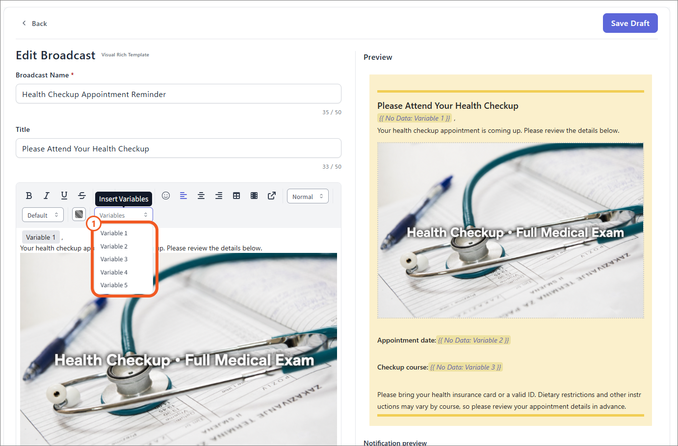 Insert variables in the visual template