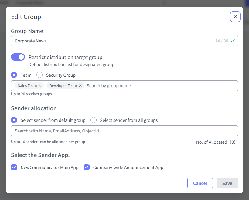 Select sender apps for a sender group